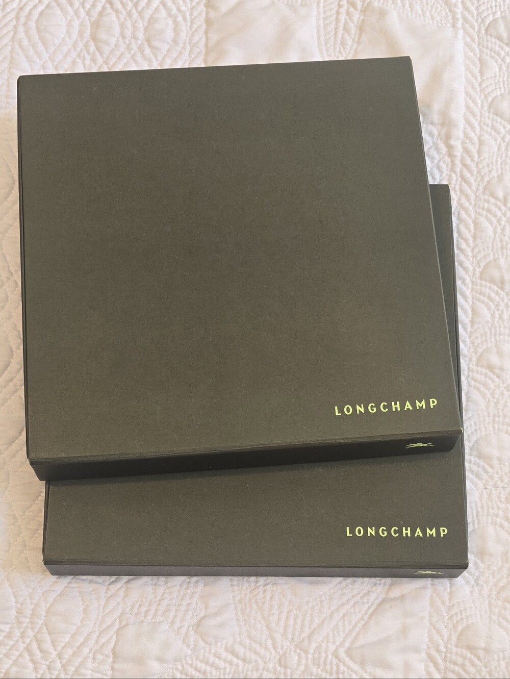 Longchamp Olive Green Scarf Boxes with Yellow Logo